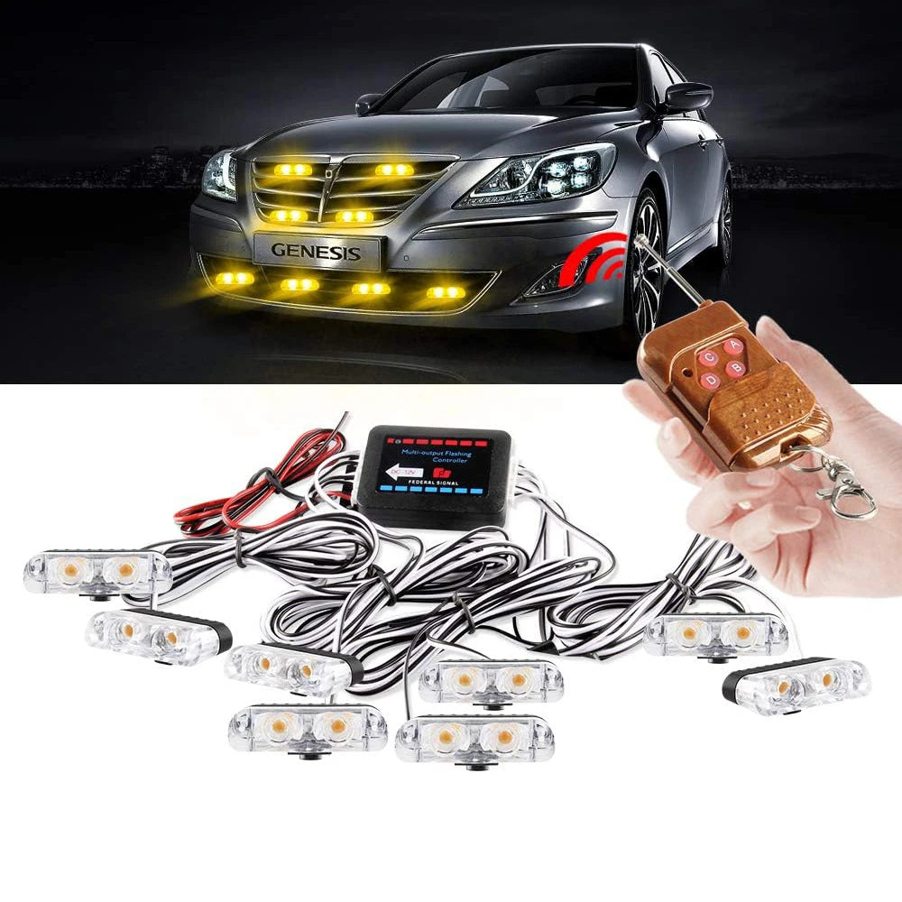 Wireless LED emergency strobe lights and remote control device shown alongside a car with installed lights.