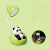 A white panda figurine sits on a lime green desk lamp, which is positioned next to the lamp head.