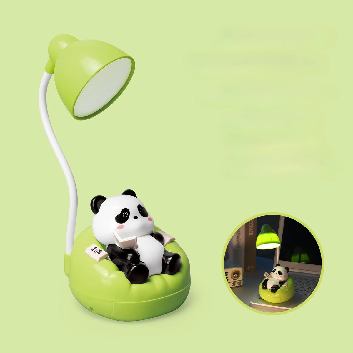 A white panda figurine sits on a lime green desk lamp, which is positioned next to the lamp head.