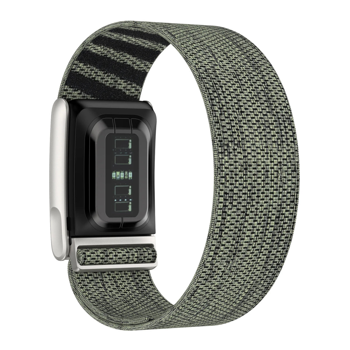 A black and gray braided nylon watch band for a Whoop 5.0 fitness tracker.