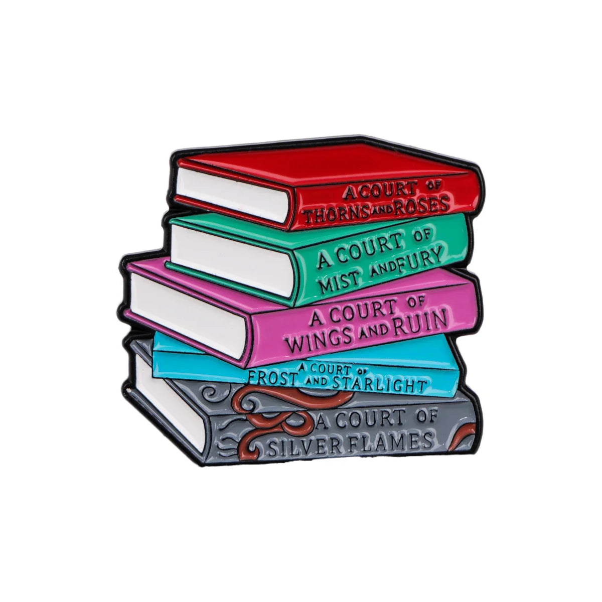 Enamel lapel pin featuring five stacked books with titles like Court of Thorns and Roses, Mist and Fury, Wings and Ruin, Fros