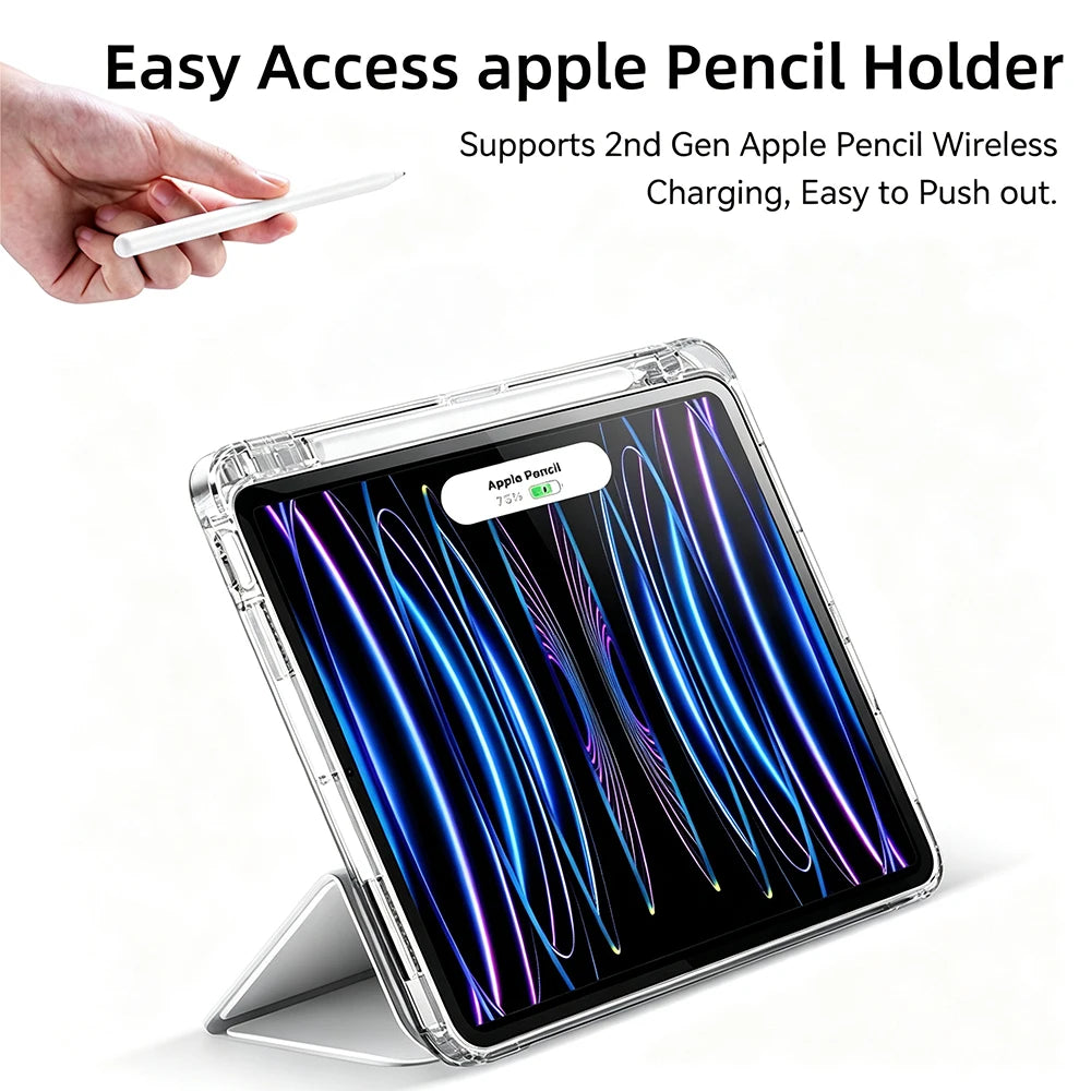 A transparent acrylic pencil holder case designed to support and charge a 2nd Gen Apple Pencil.