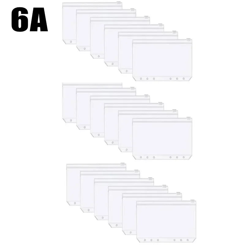 A set of six A6 zippered budget envelopes for notebooks displayed in a row.
