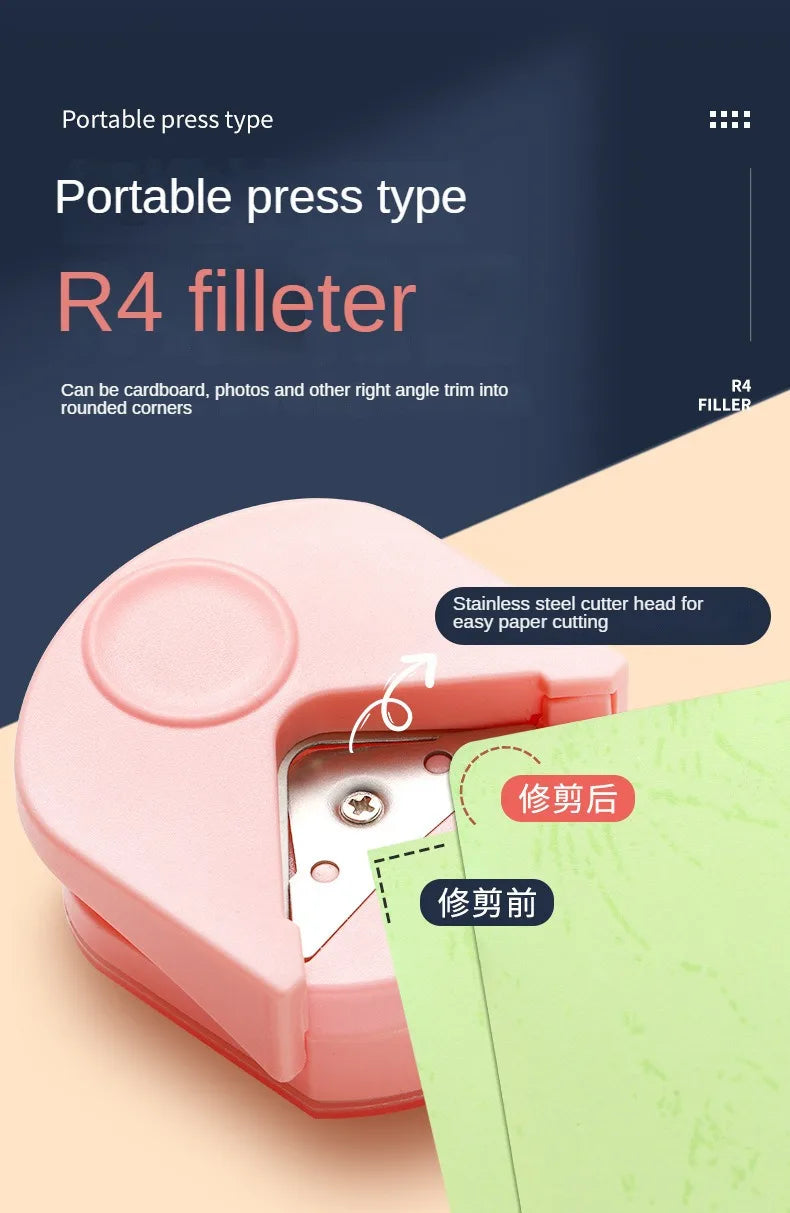 Pinke portable Presse-Typ R4 Filterwerkzeug mit Edelstahl-Schnittkopf neben einer grünen Karte.