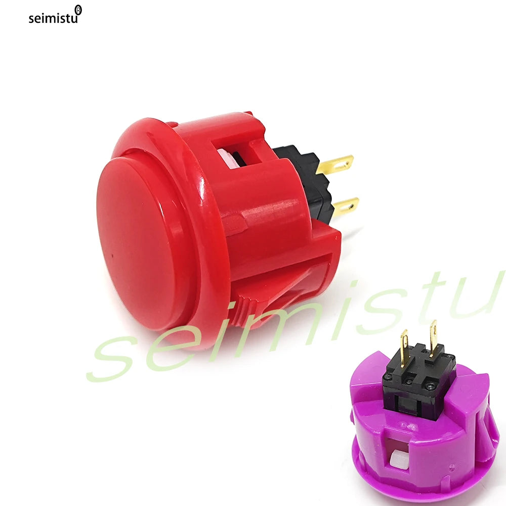 A red arcade push button with a black micro switch and gold contacts.