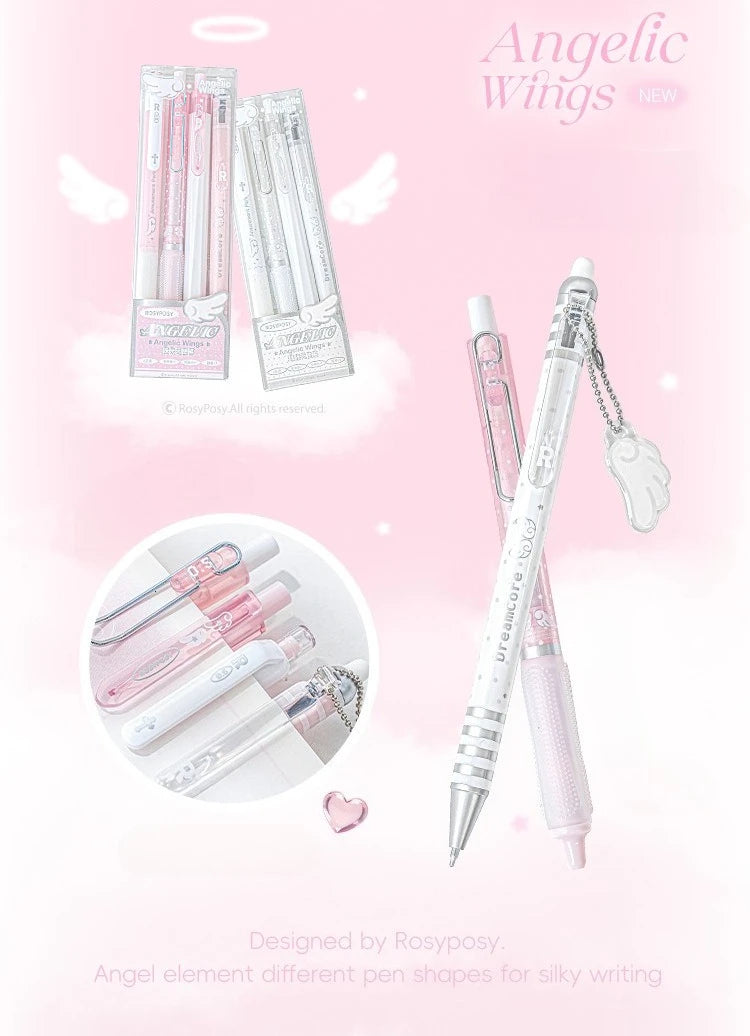 A set of four Angel Gel Pens in pink and white shades are displayed against a light pink background.