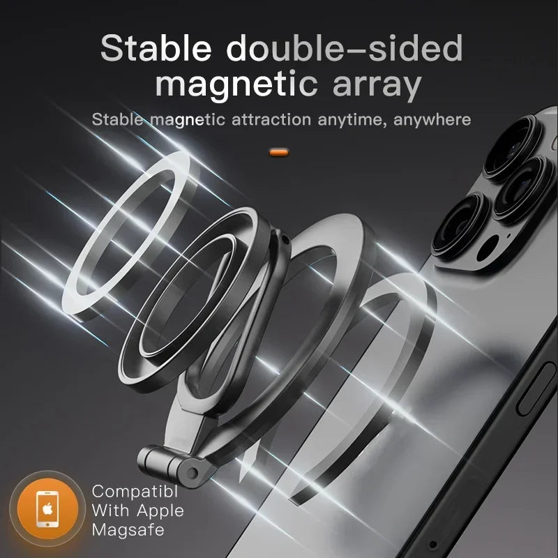 A double-sided magnetic array phone stand is shown in a close-up against a dark background.