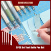 A set of five art tools including knives and pens laid out on a blue grid with craft paper.