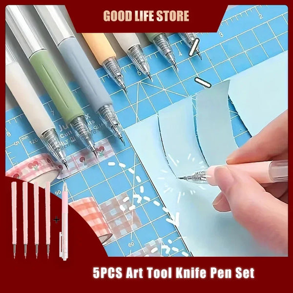 A set of five art tools including knives and pens laid out on a blue grid with craft paper.