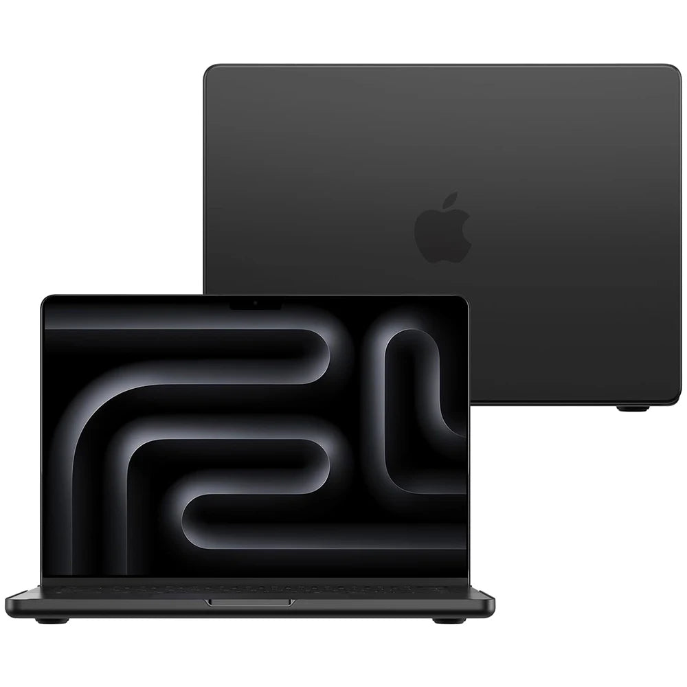 A black MacBook Air is shown with a textured, matte protective case placed in front of a larger black laptop.