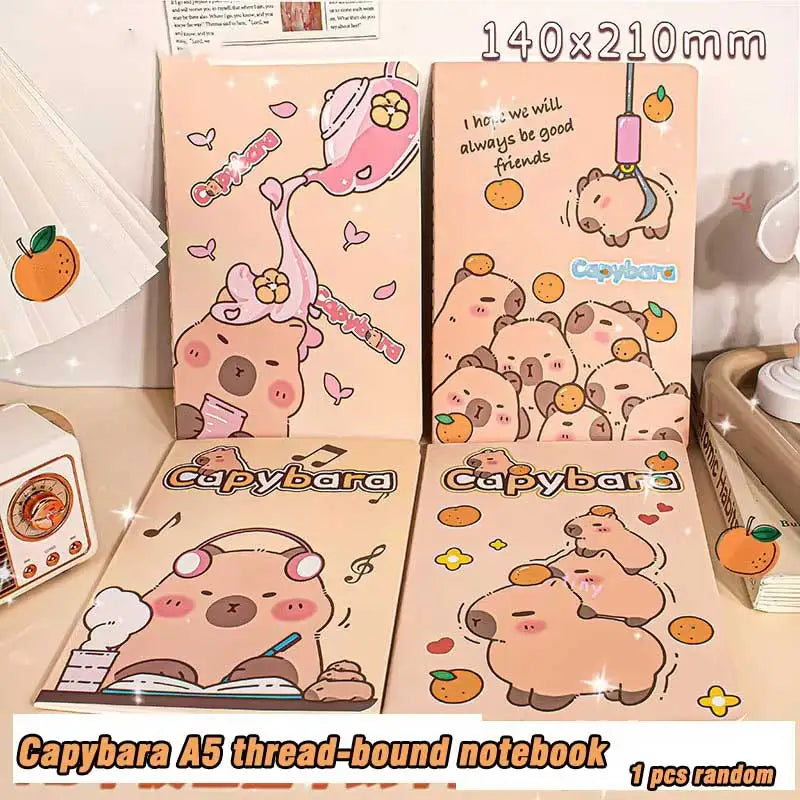A set of Capybara stationery including a notebook, pencil case, and various themed items.