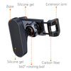 A black silicone gel magnetic phone holder with an extension arm and a 360 degree rotating ball.