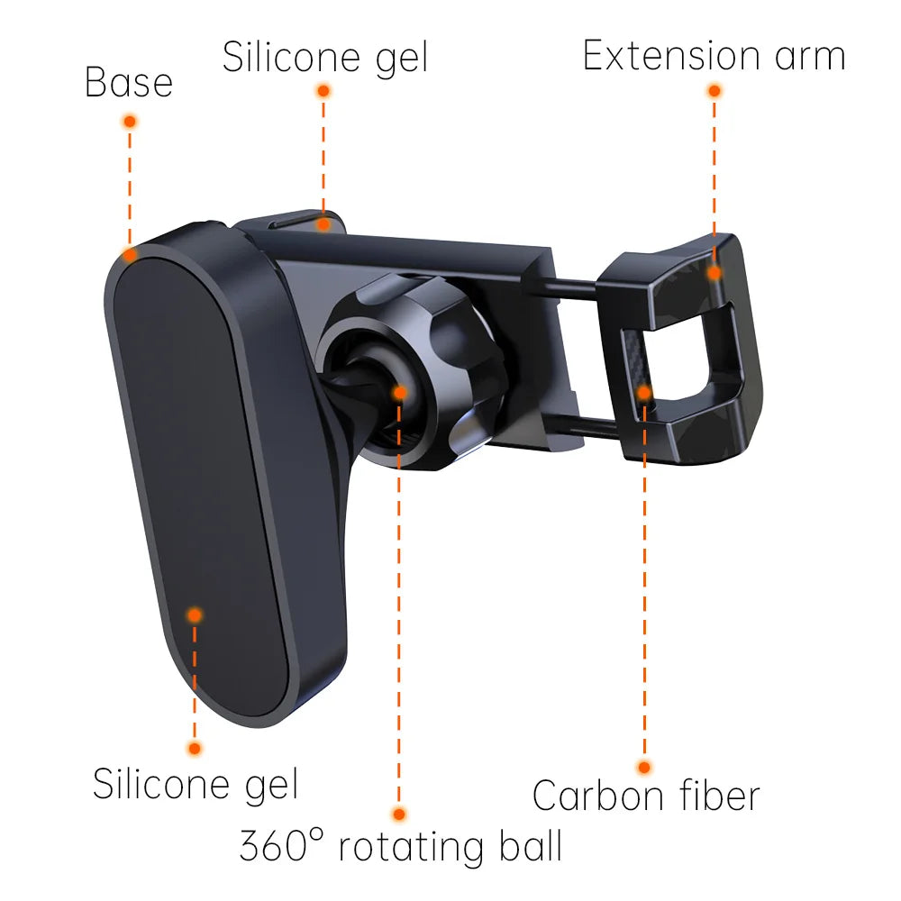 A black silicone gel magnetic phone holder with an extension arm and a 360 degree rotating ball.