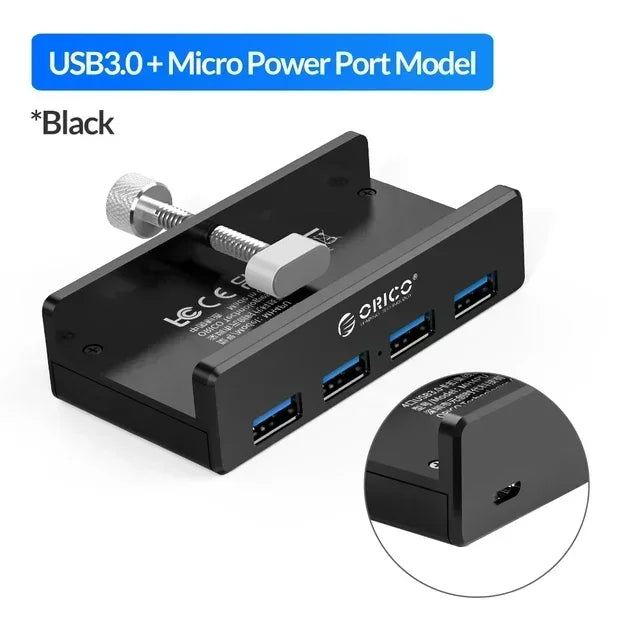 Black USB 3.0 Micro Power Port Model with a clip and multiple ports