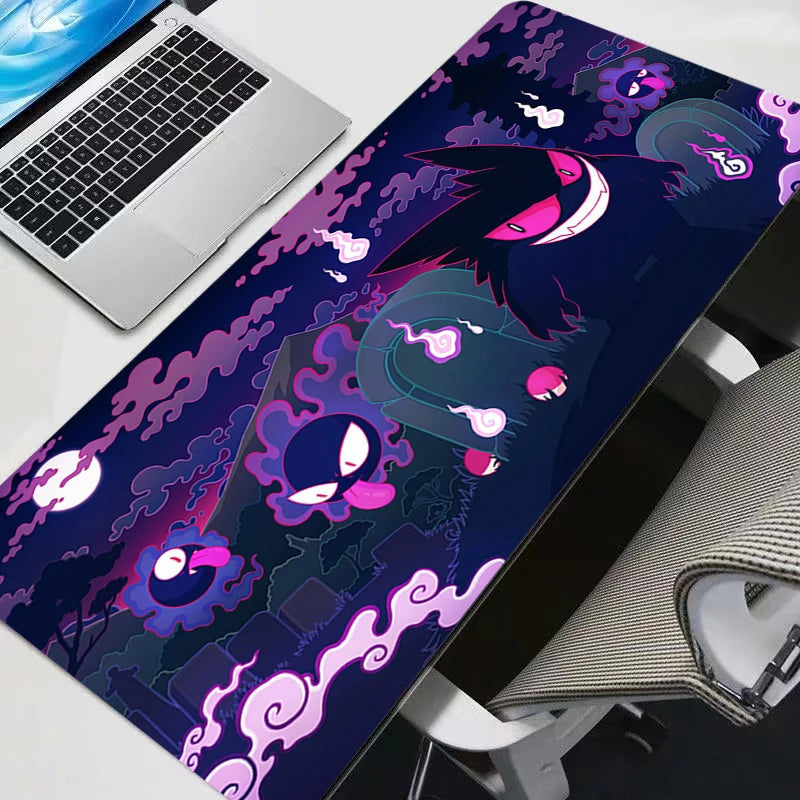 A dark purple and pink themed XXL Gengar gaming mouse pad featuring a vibrant, stylized monster print.