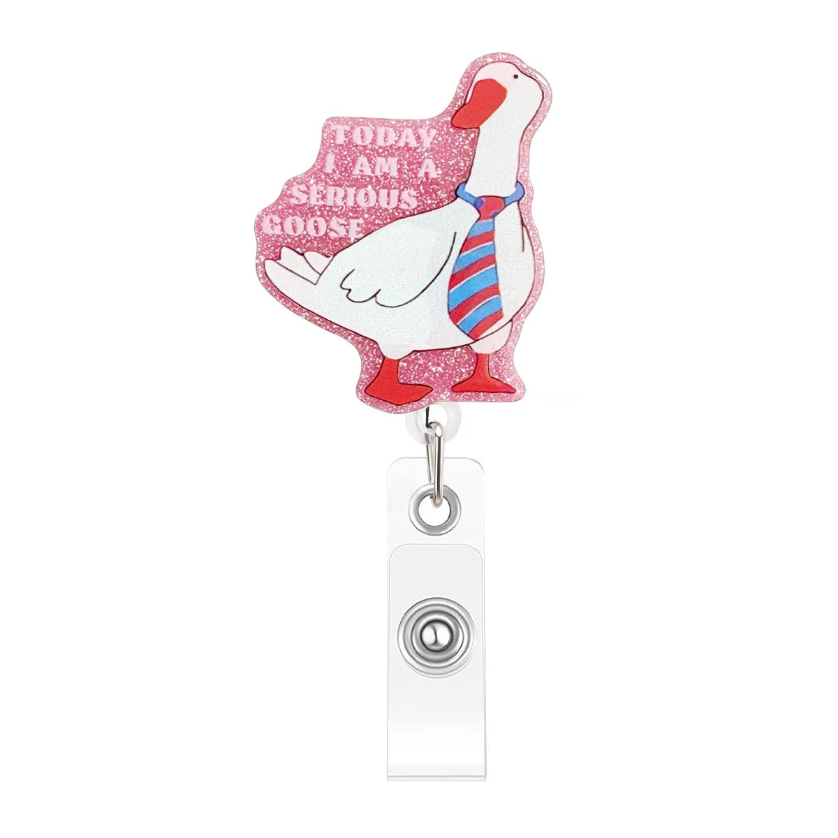 A cute badge reel featuring a pink goose design with the text Today I am a serious goose.