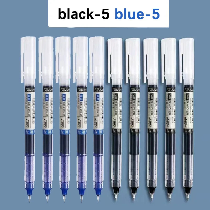 A pack of five black and five blue gel pens displayed in a row.