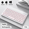Pinkes kabelloses Bluetooth-Tastaturl, gezeigt neben Symbolen für Android, iOS und Windows Betriebssysteme.
