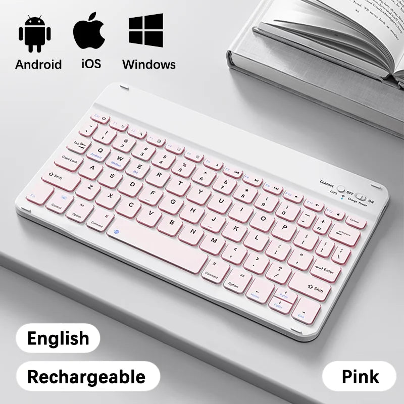 Pinkes kabelloses Bluetooth-Tastaturl, gezeigt neben Symbolen für Android, iOS und Windows Betriebssysteme.