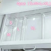 Clear acrylic drawer organizer set showing sizes S, M, L, and XL drawers inside a white cabinet.
