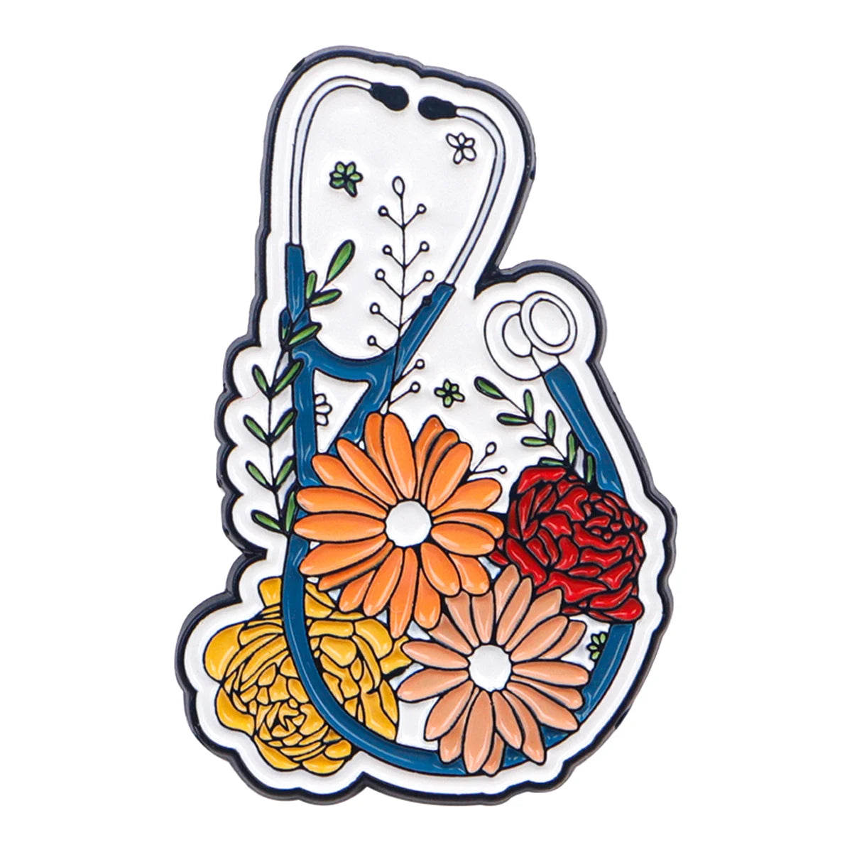A white enamel pin featuring a stylized stethoscope outline with floral elements.