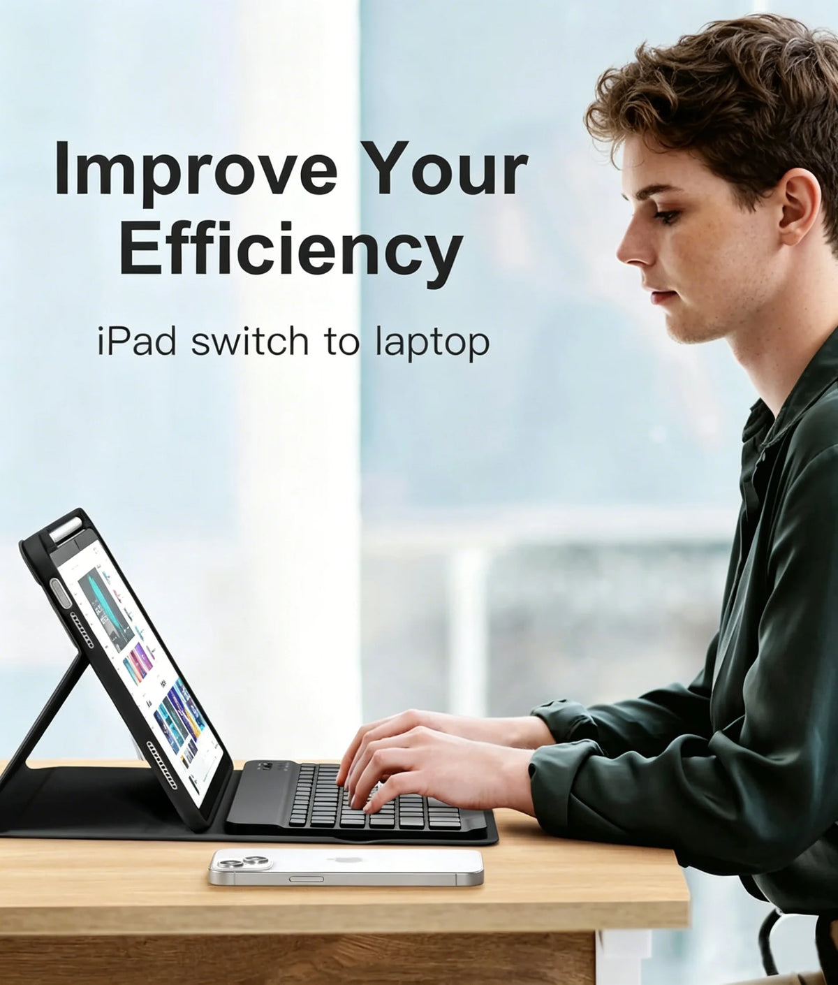 A person is using an iPad switch to laptop adapter and keyboard on a wooden table.