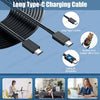 A black Long Type-C charging cable is shown with its connector and a pure copper wire core, highlighting safety and reliabili