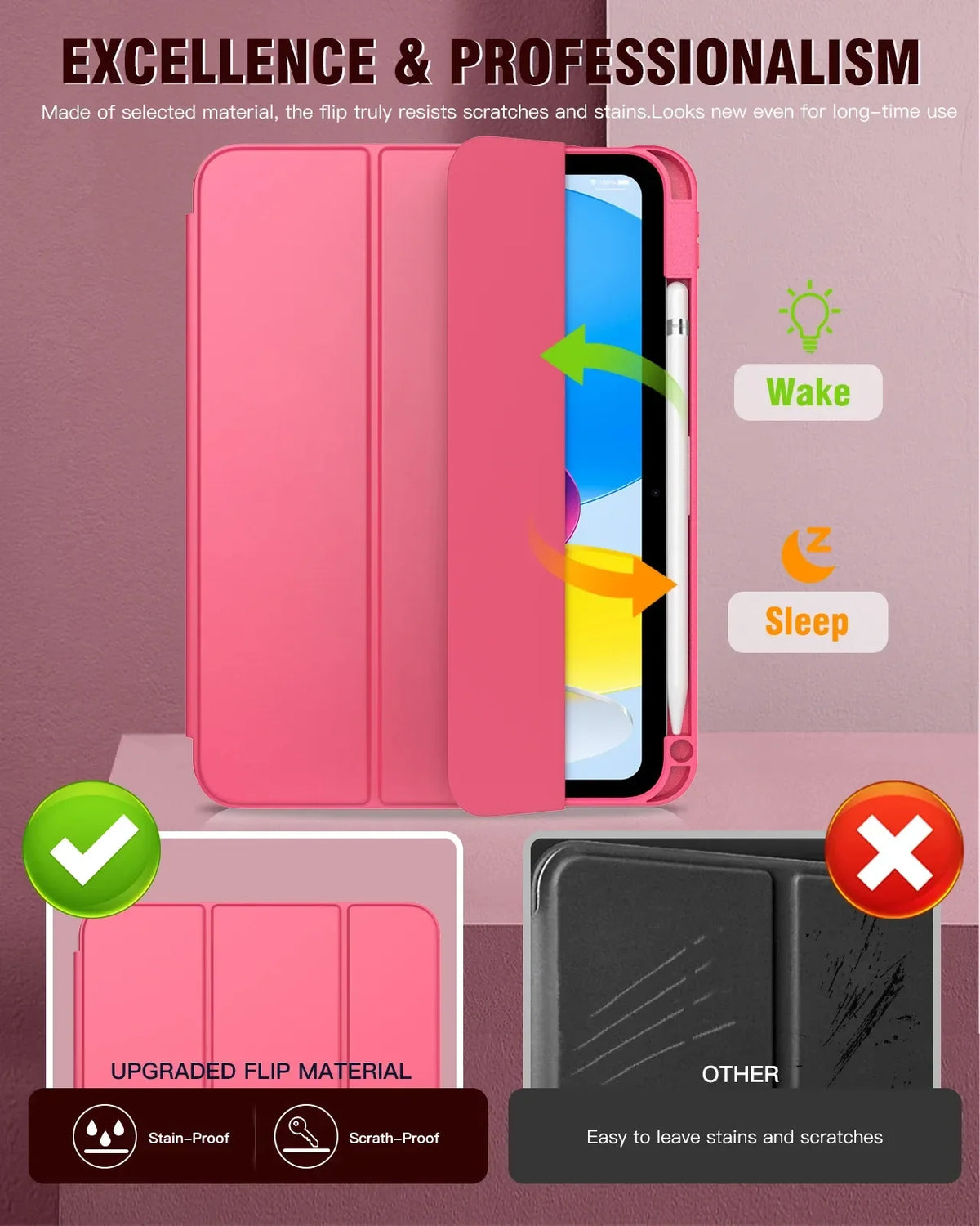 Pink premium hybrid case for an iPad, showing scratch and stain resistance features.