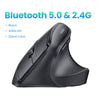 Black ergonomic vertical wireless mouse with Bluetooth 5.0 and 2.4G connectivity features.