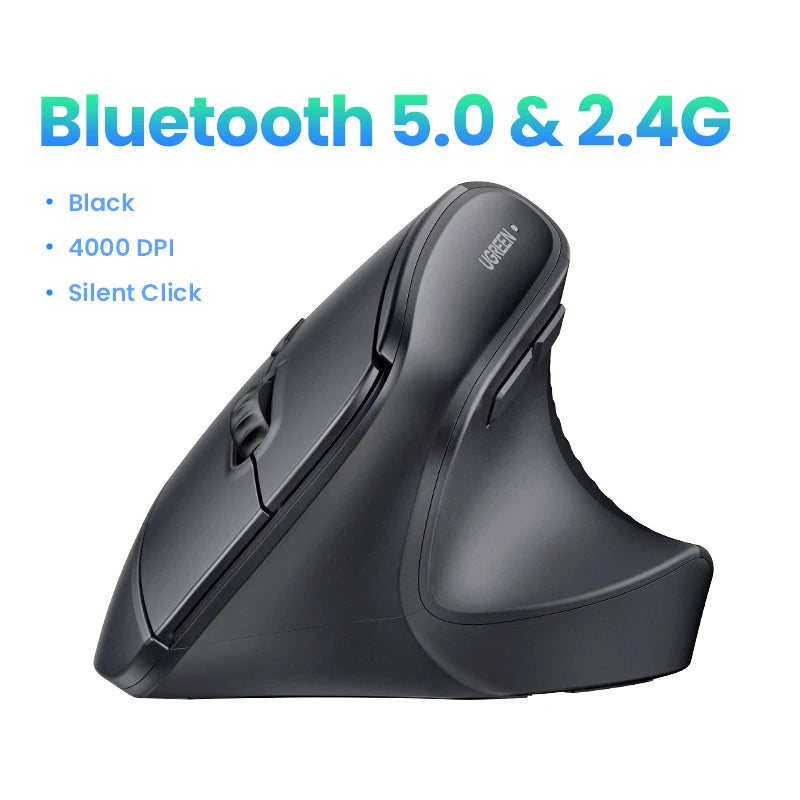 Black ergonomic vertical wireless mouse with Bluetooth 5.0 and 2.4G connectivity features.