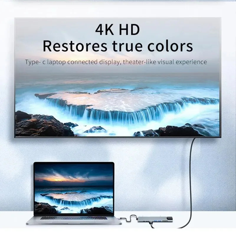 A laptop connected to a 4K display showing a waterfall scene, with a USB-C hub nearby.