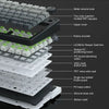A close-up view of a mechanical keyboard assembly showing various components like keycaps, switches, and circuit boards.