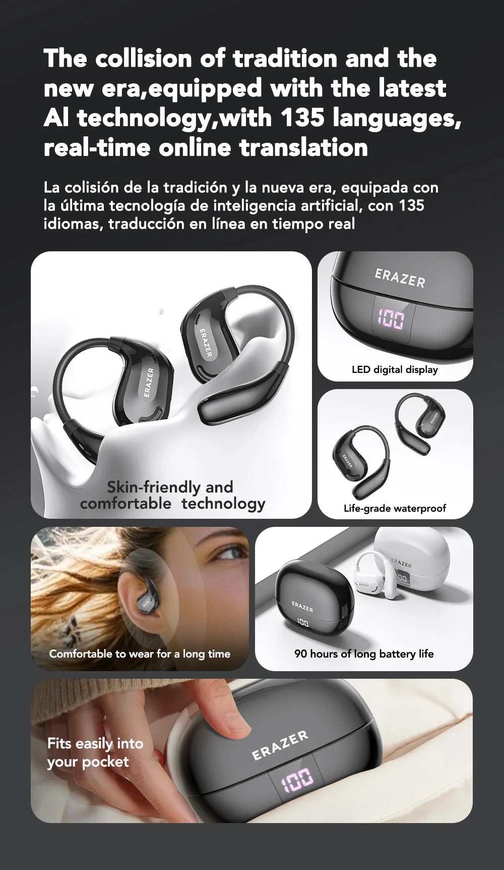 A set of black AI translation Bluetooth earphones shown with various features and usage contexts.