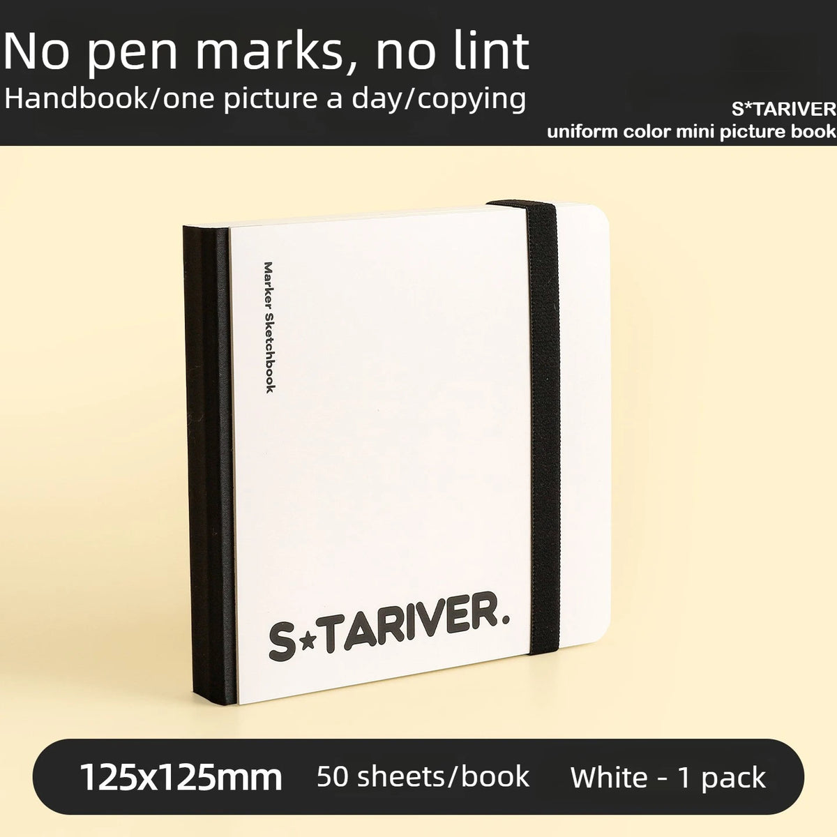 A white sketchbook titled S*TARIVER with a black ribbon, shown against a light background.