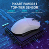 A white Pixart Paw3311 top-tier sensor gaming mouse resting on a blue circuit board with glowing digital lines.