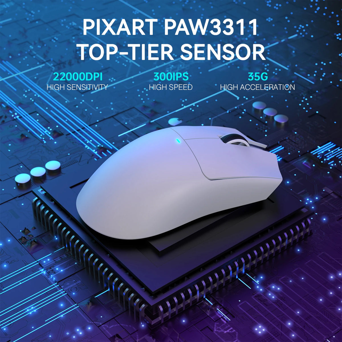 A white Pixart Paw3311 top-tier sensor gaming mouse resting on a blue circuit board with glowing digital lines.