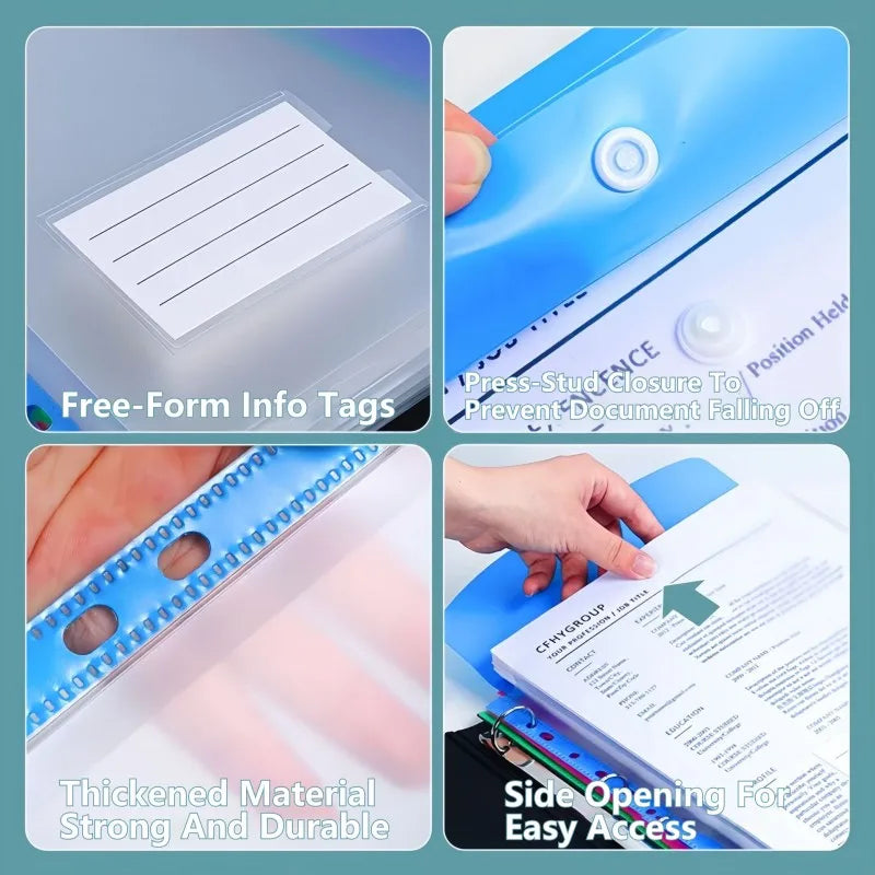 A set of A4 plastic expanding file envelopes with snap buttons showing free-form tags, thickened material, and side opening f