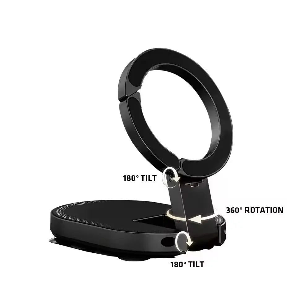 Black magnetic phone holder mount with 180 degree tilt and 360 degree rotation features