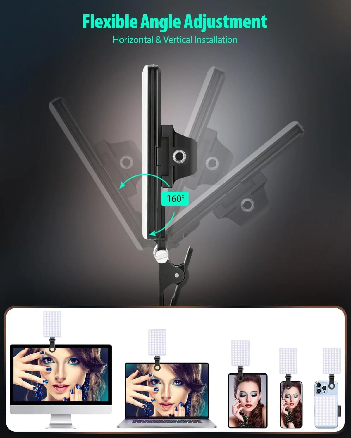 A portable clip-on LED selfie light demonstrating flexible angle adjustment for horizontal and vertical installation.