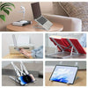 Various views of an adjustable aluminum laptop stand used for supporting and positioning a laptop.