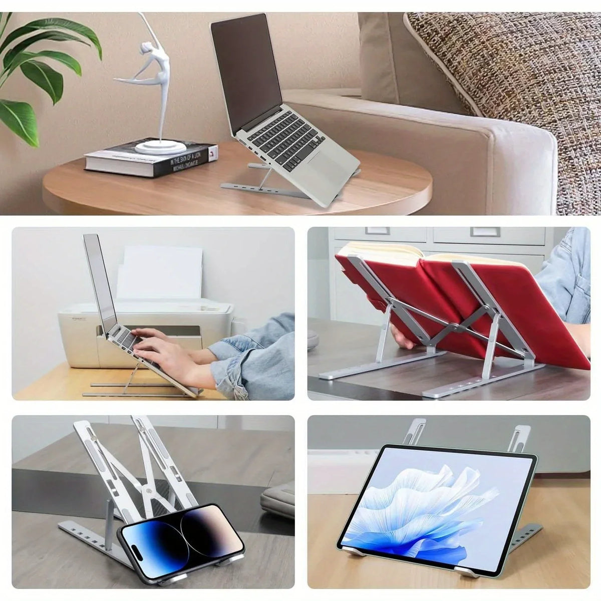 Various views of an adjustable aluminum laptop stand used for supporting and positioning a laptop.