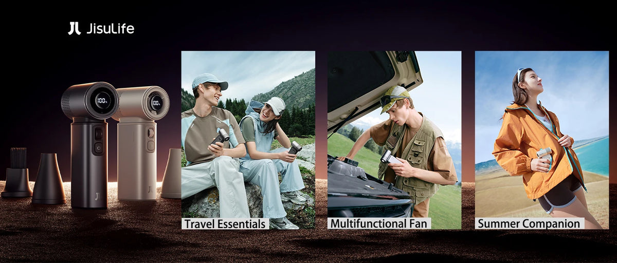Three lifestyle scenes show the Handheld Turbo Fan used as travel essentials, a multifunctional fan, and a summer companion.