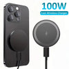 A black magnetic wireless charging pad for iPhone and AirPods with a charging cable.