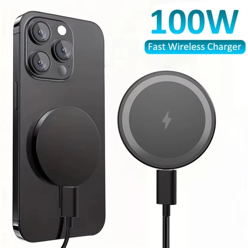 A black magnetic wireless charging pad for iPhone and AirPods with a charging cable.