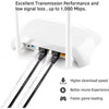 White CAT 6 Ethernet network cable with multiple connectors and a device for high-speed transmission.