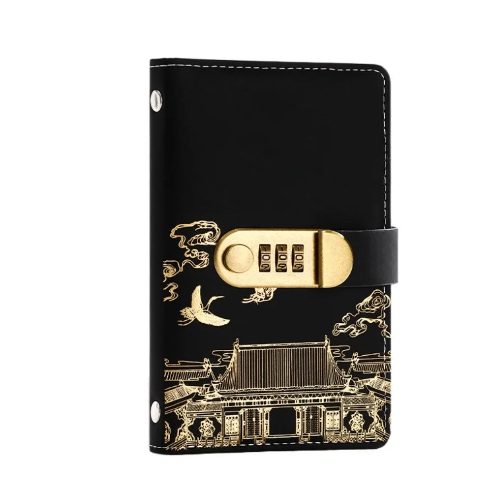 Black leather budget binder with gold accents and a lock feature.