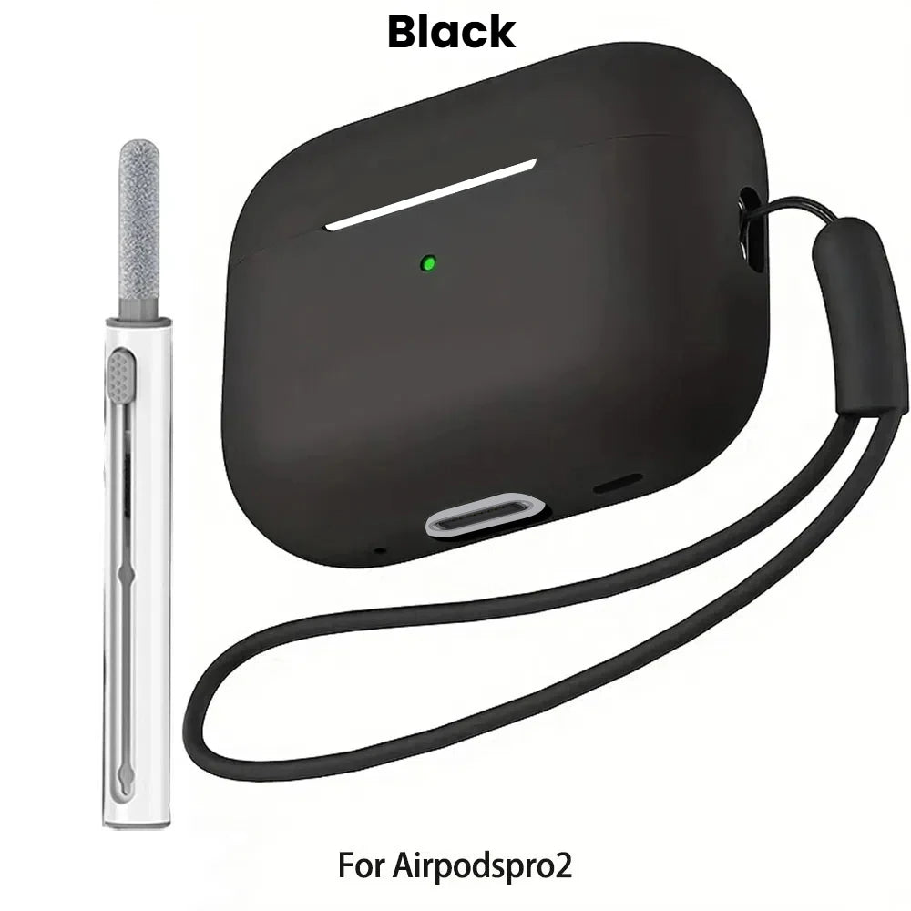 Black liquid silicone case for AirPods Pro 2 with a cleaning pen and lanyard