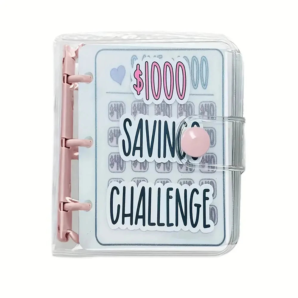 A clear plastic binder showing a savings challenge with the text $1000 SAVING CHALLENGE