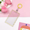 Clear acrylic card holder with a yellow keyring and pink tulips on a light pink background.