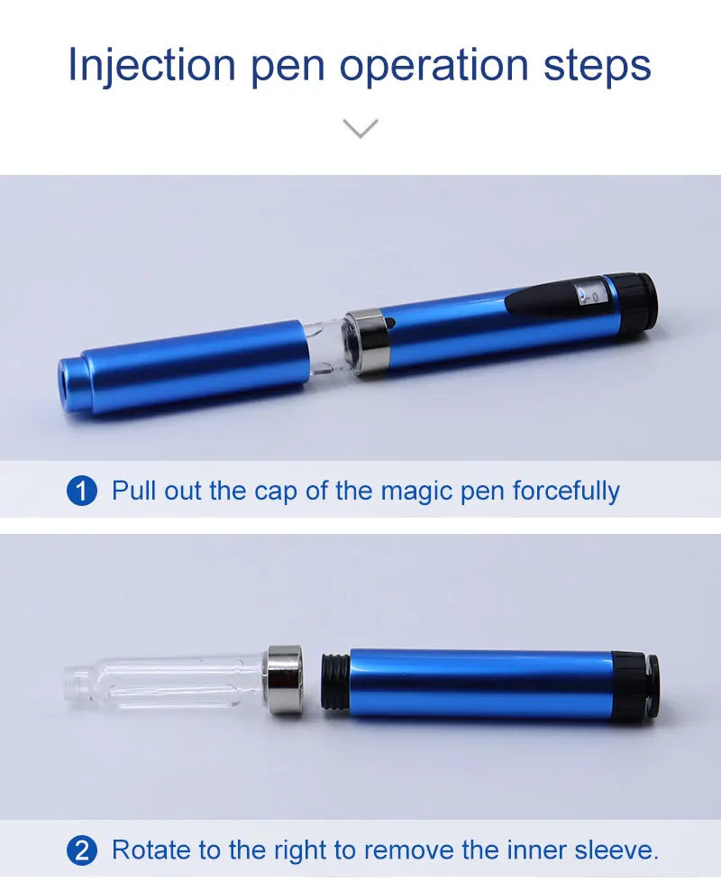 Steps showing how to operate an injection pen, including pulling out the cap and rotating to remove the inner sleeve.